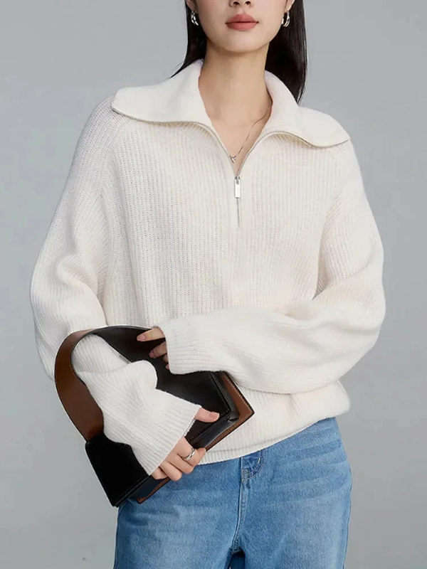 Women’s Pullover Sweater – Wool Knit – Relaxed Fit – High Zip Collar – Ribbed Trim