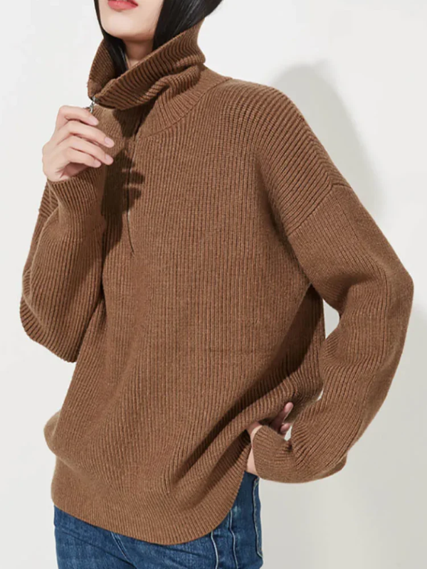 Women’s Pullover Sweater – Wool Knit – Relaxed Fit – High Zip Collar – Ribbed Trim