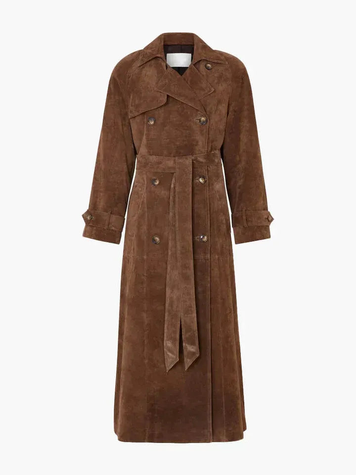 Women’s Trench Coat – Tailored Fit – Suede Texture – Double-Breasted – Belted Waist