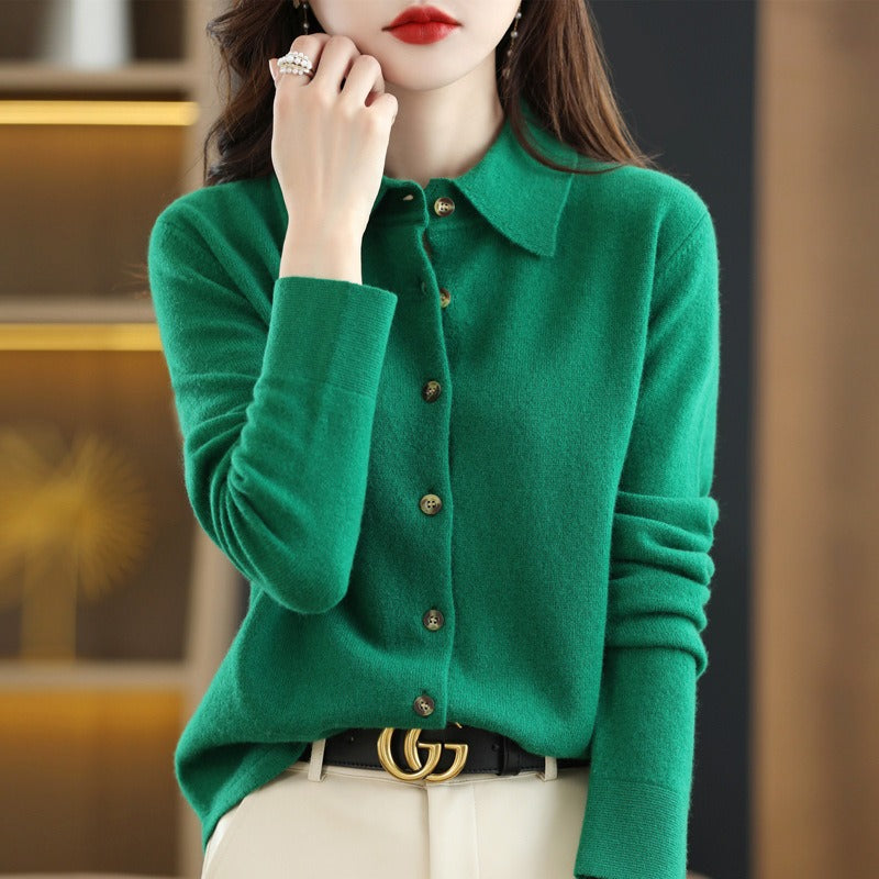 Women’s Cardigan Sweater – Wool Blend – Relaxed Fit – Polo Collar – Button Down