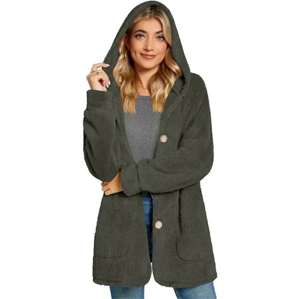 Women’s Hooded Cardigan – Plush Furry Knit – Oversized Fit – Button Front – Pockets