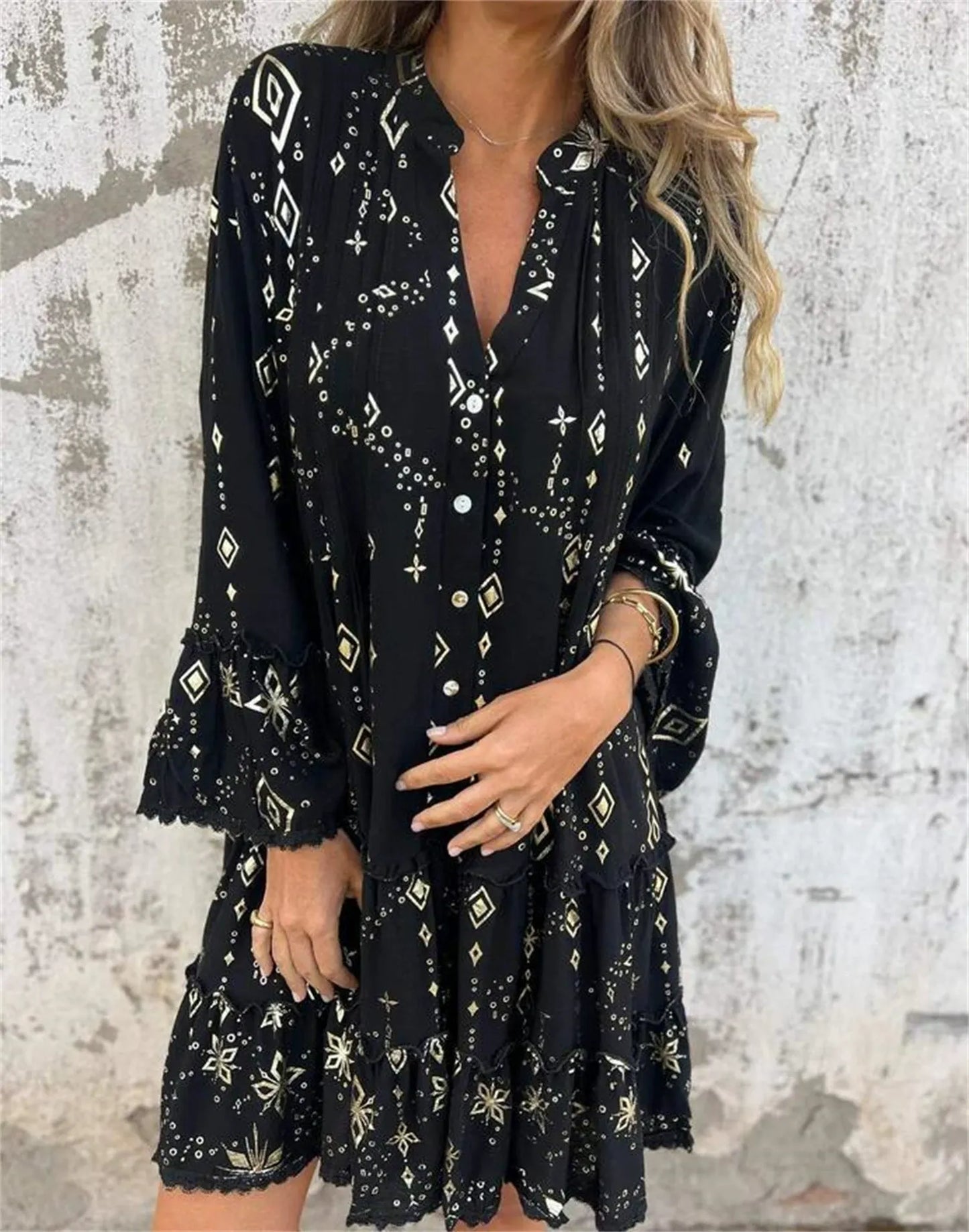 Women’s Dress – Flared Fit – Lace Bell Sleeves – Tiered Hem – Button Front – Cotton Blend