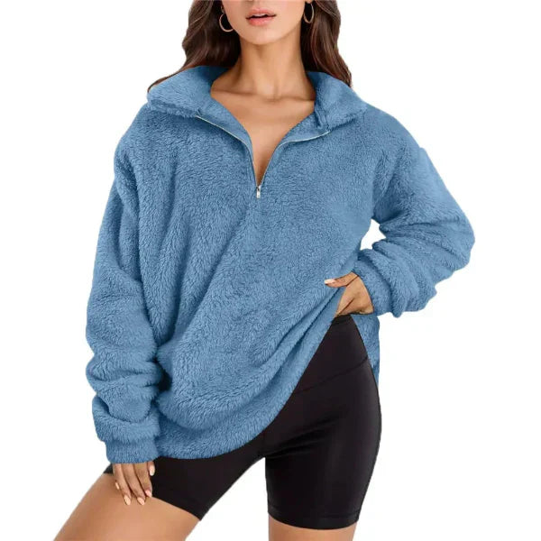 Women’s Fleece Pullover – Oversized Fit – Half Zip – Stand Collar – Long Sleeve