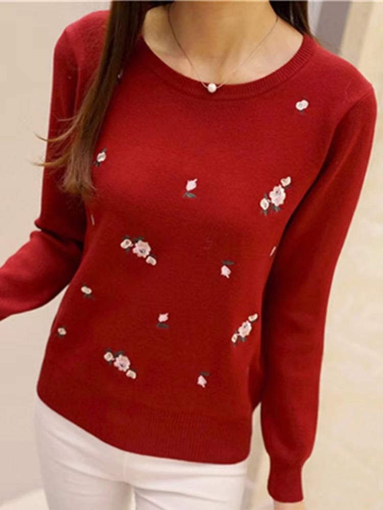 Women’s Knitted Sweater – Wool Blend – Regular Fit – Embroidered Floral Design