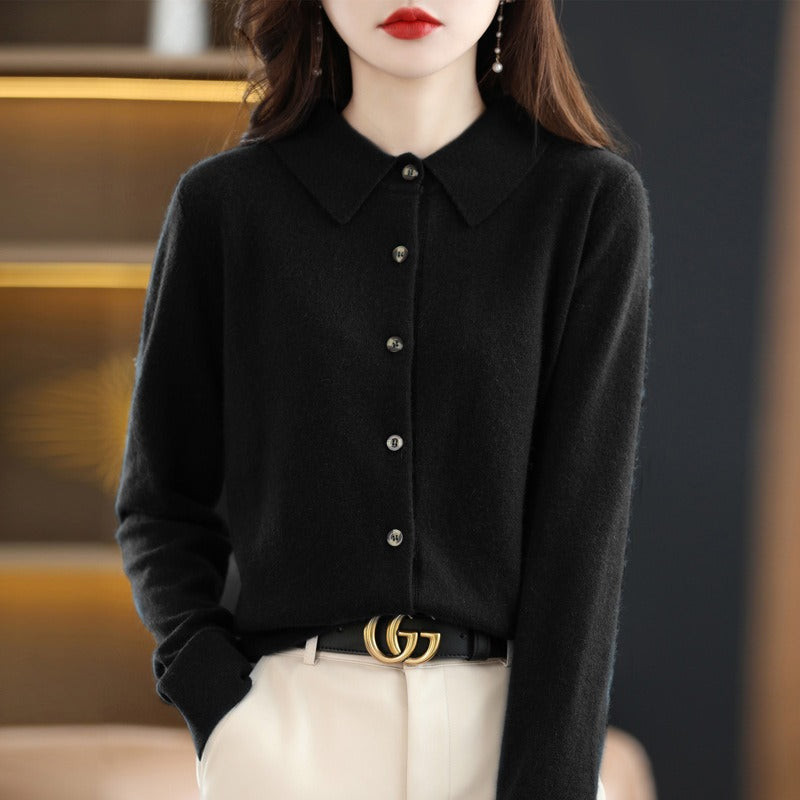 Women’s Cardigan Sweater – Wool Blend – Relaxed Fit – Polo Collar – Button Down