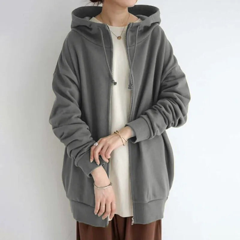 TrendAura Women's Oversized Fleece Zip Front Hoodie With Side Pockets