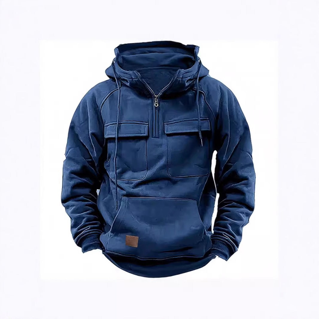 Men's Hoodie Relaxed Fit Half Zip Chest Flap Pockets Soft Cotton Fleece by TrendAura