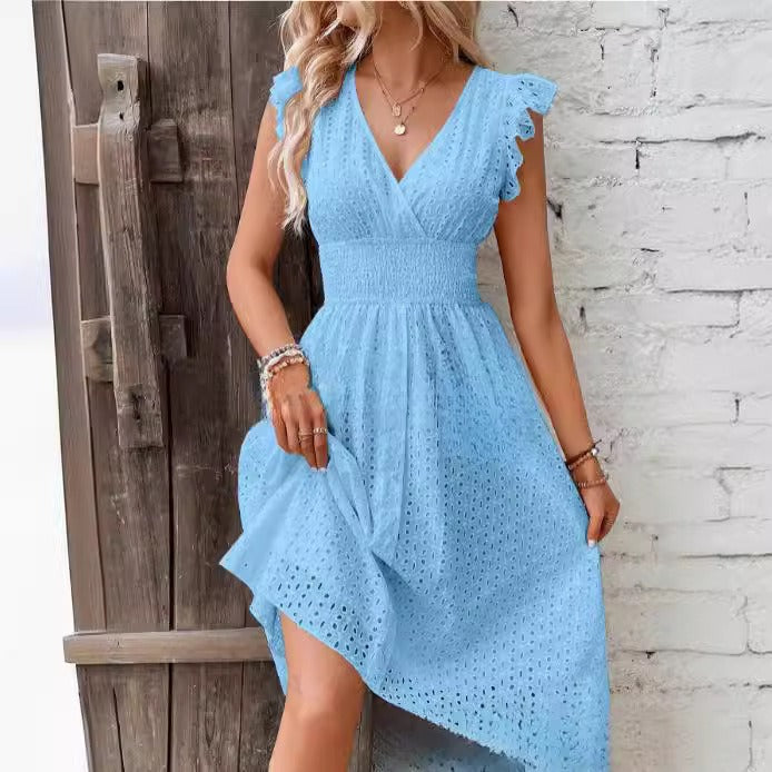 Women’s Wrap Dress – A-Line Fit – Eyelet Embroidery – Ruffled Sleeves – Breathable
