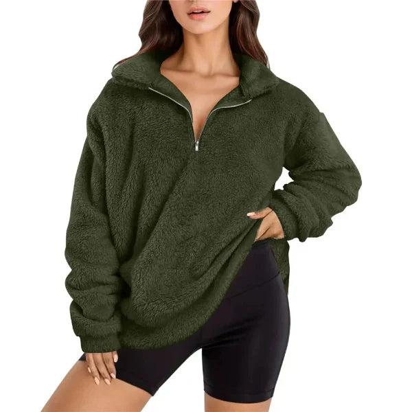 Women’s Fleece Pullover – Oversized Fit – Half Zip – Stand Collar – Long Sleeve