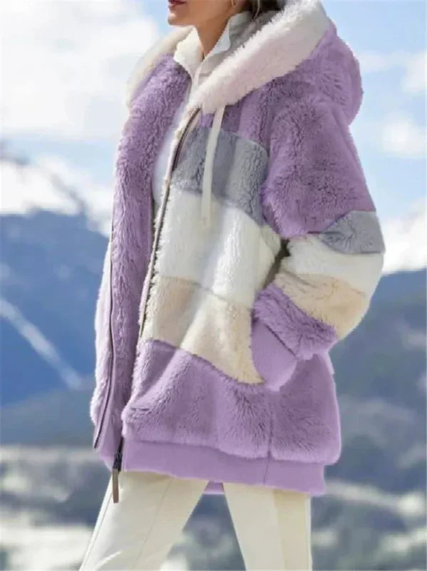 Women’s Hooded Jacket – Oversized Fit – Plush Faux Fur – Zip Front – Ribbed Cuffs