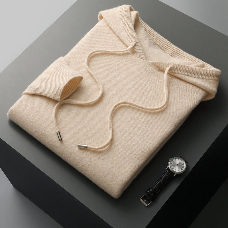 Mens Wool Knit Hoodie Relaxed Fit With Hood Drawstrings Ribbed Trim Cozy Soft Touch Feel