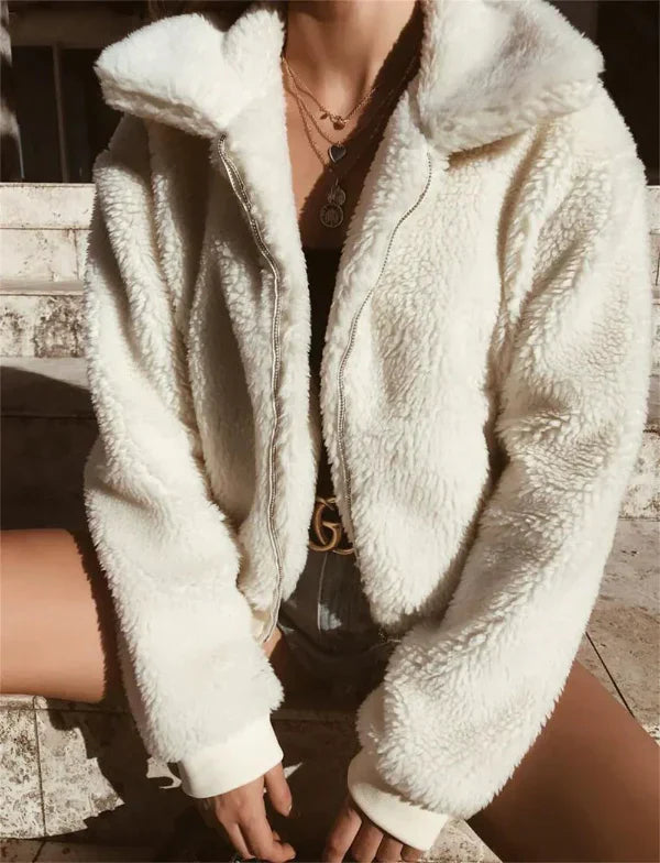 Women’s Cropped Jacket – Fleece Texture – Relaxed Fit – Zip Front – Turn-Down Collar