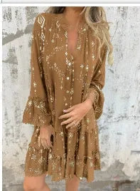 Women’s Dress – Flared Fit – Lace Bell Sleeves – Tiered Hem – Button Front – Cotton Blend