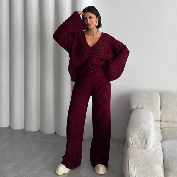 Women’s Two-piece Button-Front Cardigan – Knitted Ribbed – Oversized Fit – Wide Sleeves Lounge