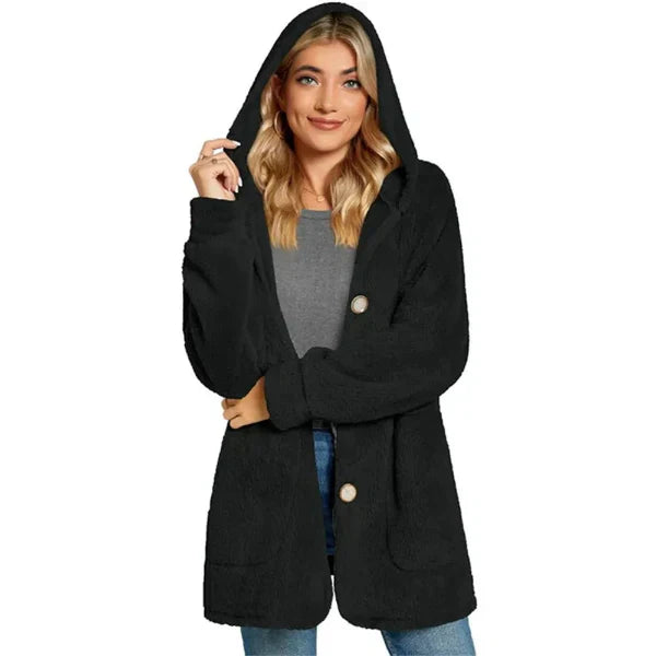 Women’s Hooded Cardigan – Plush Furry Knit – Oversized Fit – Button Front – Pockets