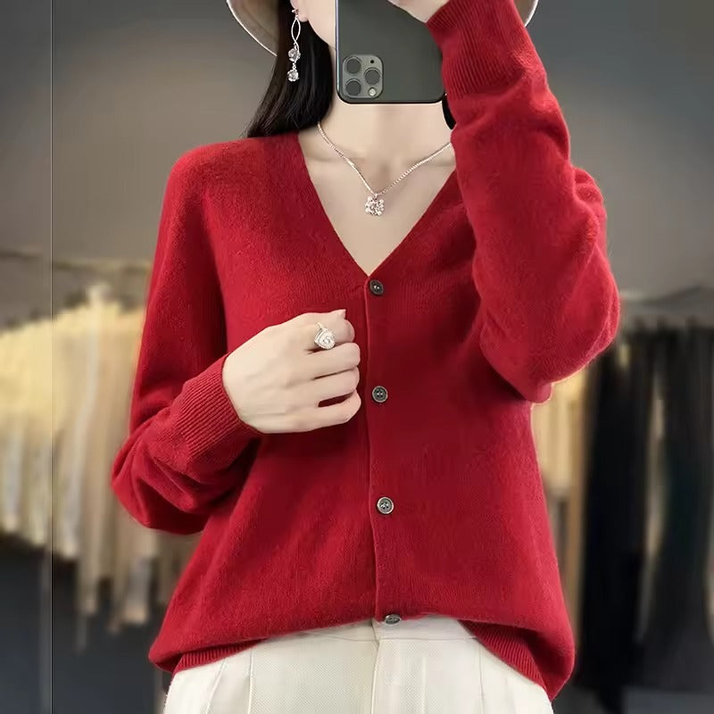 Women’s Sweater – Wool Blend – Relaxed Fit – V-Neck – Button Front – Long Sleeve