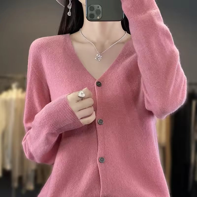 Women’s Sweater – Wool Blend – Relaxed Fit – V-Neck – Button Front – Long Sleeve