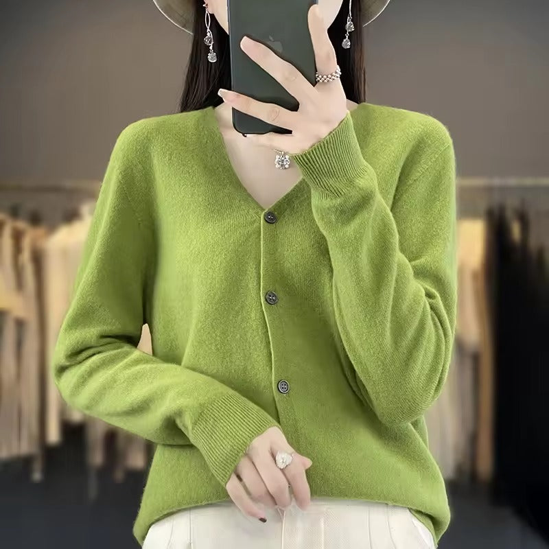 Women’s Sweater – Wool Blend – Relaxed Fit – V-Neck – Button Front – Long Sleeve