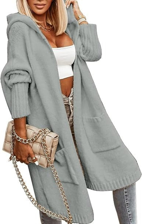 Women’s Knit Cardigan – Oversized Fit – Hooded – Open Front – Ribbed Hem – Mid-Length
