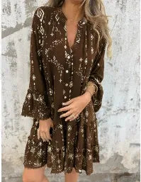 Women’s Dress – Flared Fit – Lace Bell Sleeves – Tiered Hem – Button Front – Cotton Blend