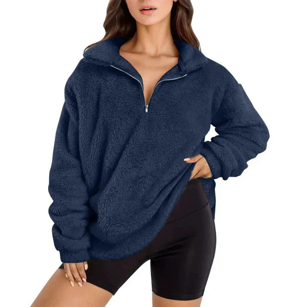Women’s Fleece Pullover – Oversized Fit – Half Zip – Stand Collar – Long Sleeve