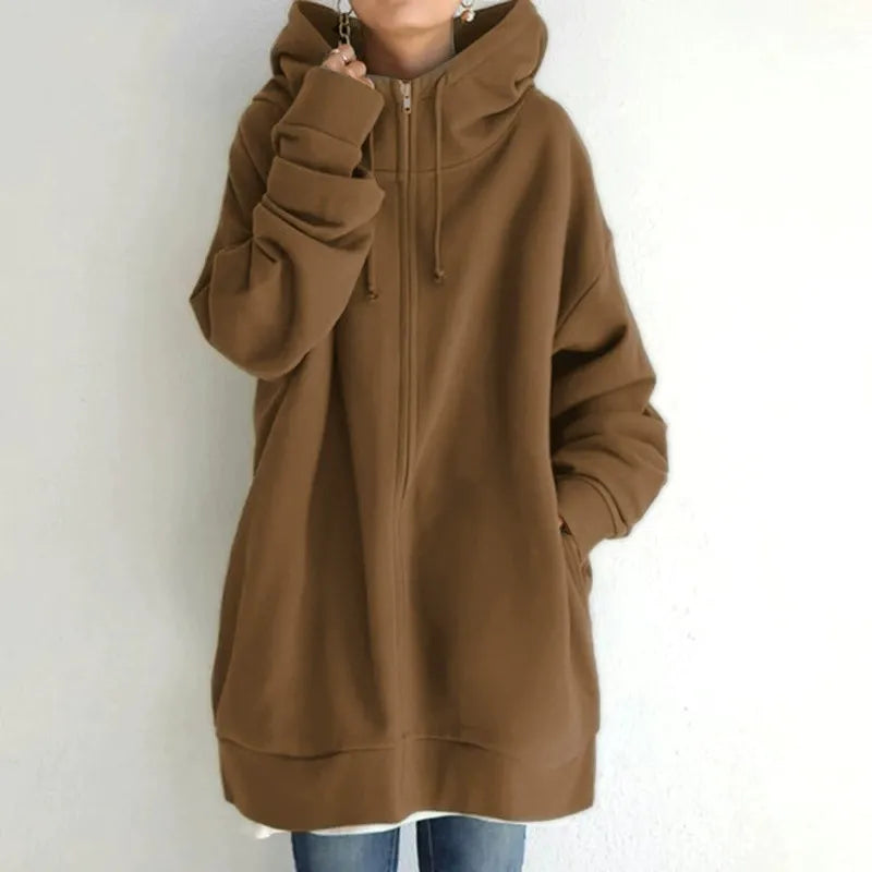 TrendAura Women's Oversized Fleece Zip Front Hoodie With Side Pockets