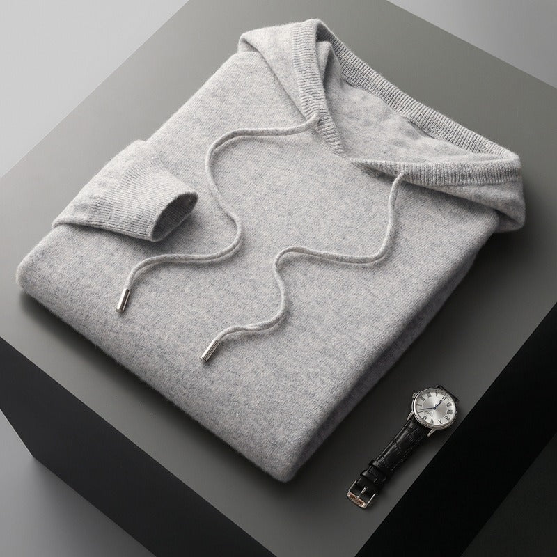 Mens Wool Knit Hoodie Relaxed Fit With Hood Drawstrings Ribbed Trim Cozy Soft Touch Feel