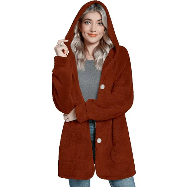 Women’s Hooded Cardigan – Plush Furry Knit – Oversized Fit – Button Front – Pockets