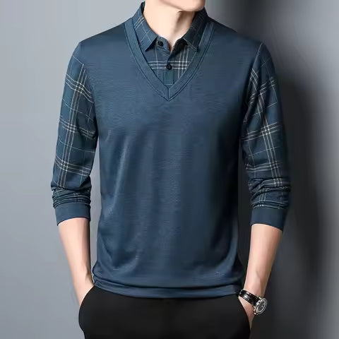 Men's Pullover Sweatshirt Slim Fit Knit V Neck Faux Layered Plaid Sleeves Nordisk Flair Mens Casual Knitwear