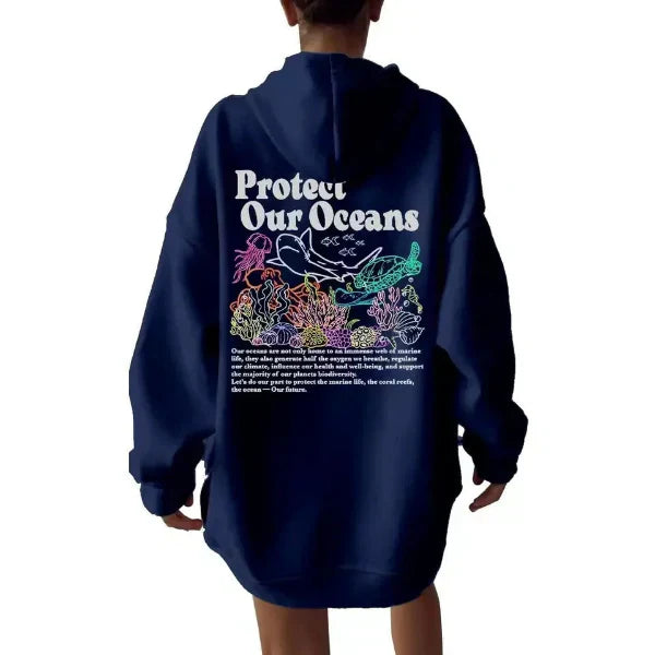 Women’s Hooded Sweatshirt – Oversized Fit – Cotton Feel – Marine Graphic Back Print