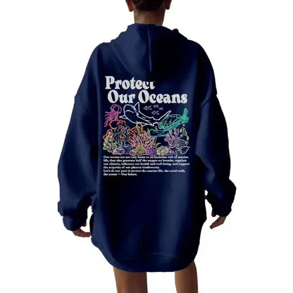 Women’s Hooded Sweatshirt – Oversized Fit – Cotton Feel – Marine Graphic Back Print