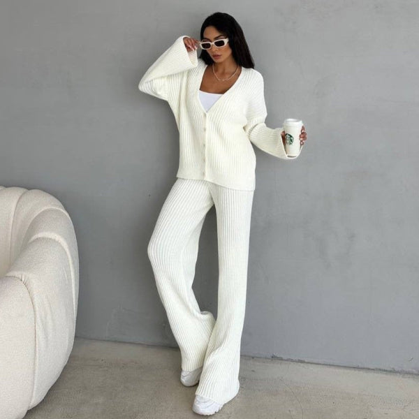 Women’s Two-piece Button-Front Cardigan – Knitted Ribbed – Oversized Fit – Wide Sleeves Lounge