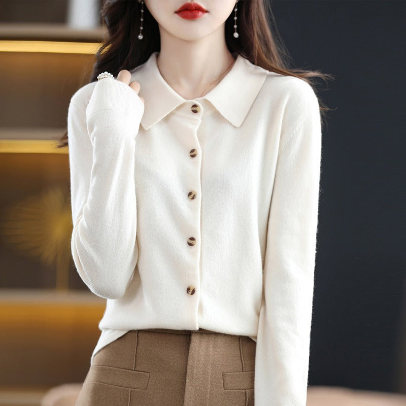 Women’s Cardigan Sweater – Wool Blend – Relaxed Fit – Polo Collar – Button Down