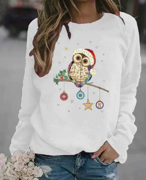 Women’s Sweatshirt – Relaxed Fit – Cotton Blend – Crew Neck – Festive Owl Print