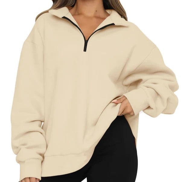 Women’s Sweatshirt – Oversized Fit – Cotton Feel – High Collar – Short Zip – Casual Wear