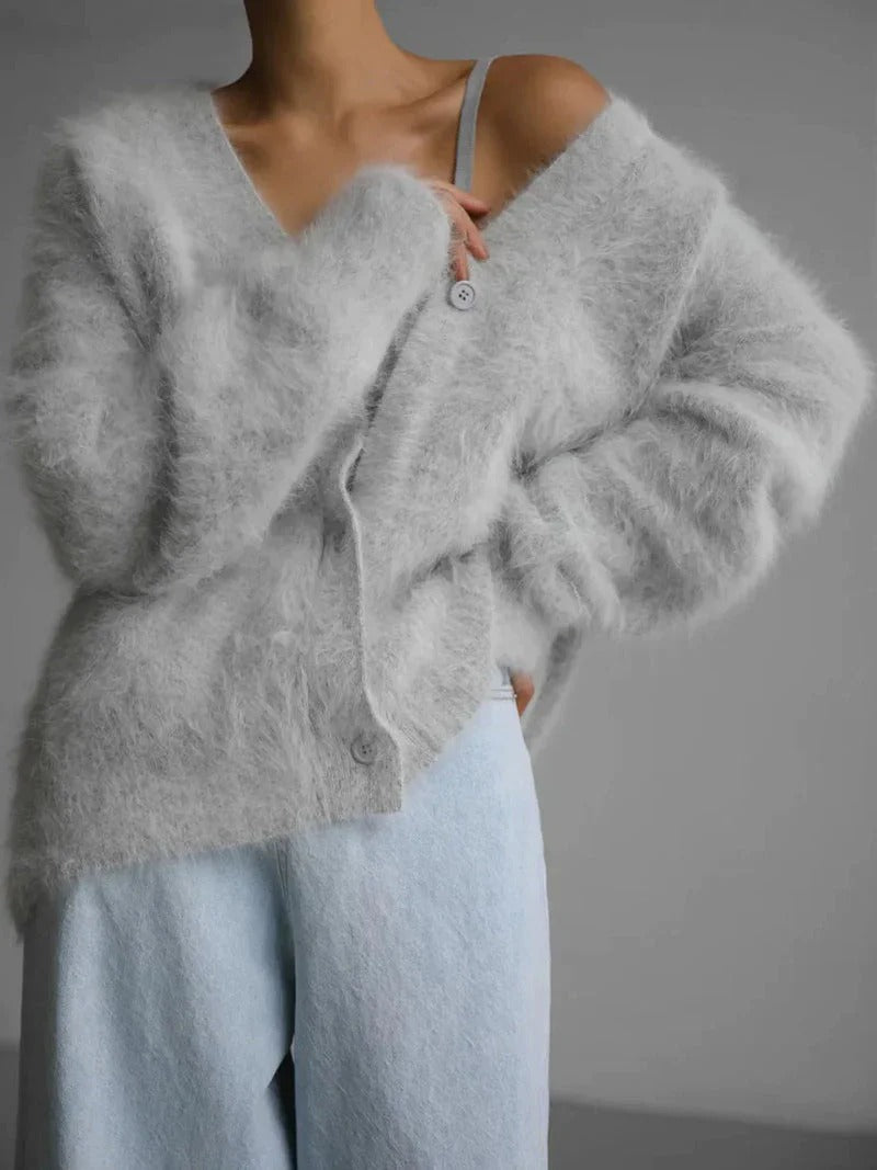 Women’s Cardigan - Fuzzy Knit - Oversized Fit - V-Neck - Button Front