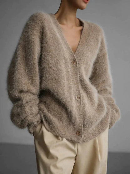 Women’s Cardigan - Fuzzy Knit - Oversized Fit - V-Neck - Button Front