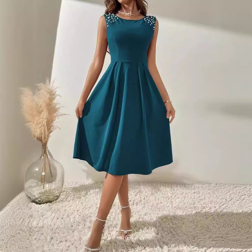 Women’s Midi Dress – Fitted Waist – A-Line Silhouette – Beaded Sleeveless Design
