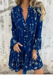 Women’s Dress – Flared Fit – Lace Bell Sleeves – Tiered Hem – Button Front – Cotton Blend