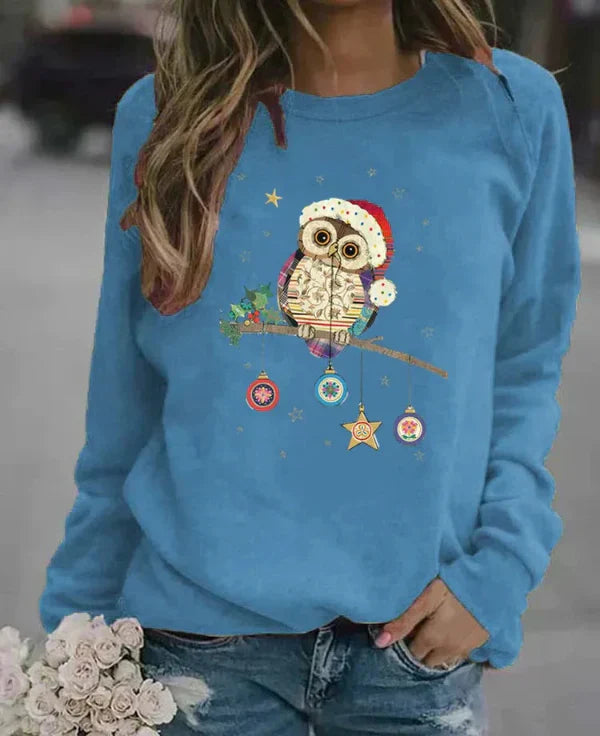 Women’s Sweatshirt – Relaxed Fit – Cotton Blend – Crew Neck – Festive Owl Print