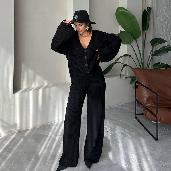 Women’s Two-piece Button-Front Cardigan – Knitted Ribbed – Oversized Fit – Wide Sleeves Lounge