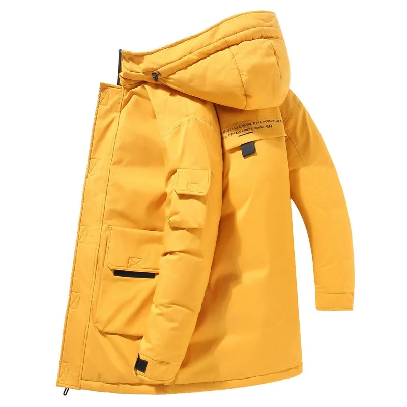 Mens Mid Length Hooded Jacket With Padded Silhouette Patch Pockets And Adjustable Cuffs