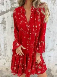 Women’s Dress – Flared Fit – Lace Bell Sleeves – Tiered Hem – Button Front – Cotton Blend