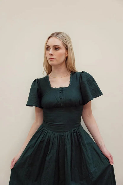 Hymn Linen Dress in Forest Green