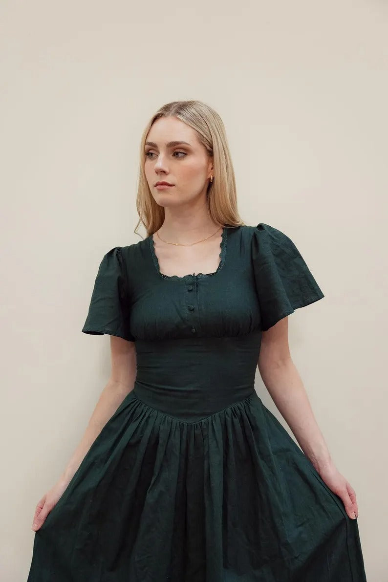 Hymn linen dress in forest green color