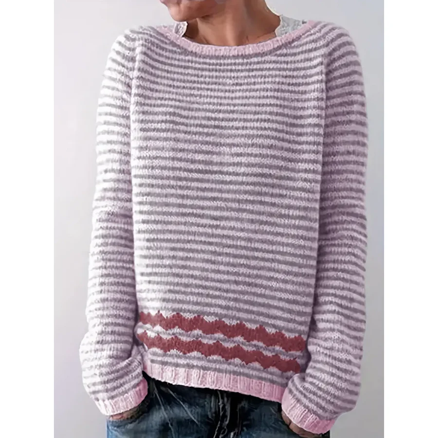 Women’s Pullover Sweater – Wool Knit – Relaxed Fit – Striped Long Sleeve Casual Wear