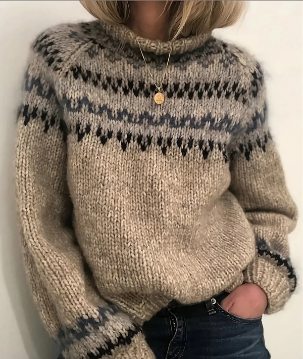 Women’s Turtleneck Sweater – Wool Knit – Relaxed Fit – Nordic Pattern – Balloon Sleeve
