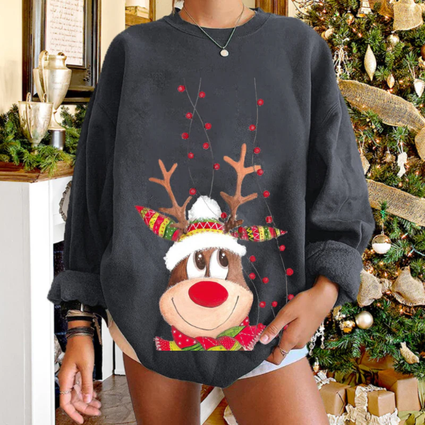 Women’s Pullover Sweater – Relaxed Fit – Soft Knit – Reindeer Graphic – Ribbed Hem