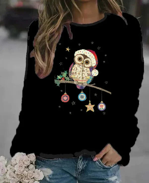 Women’s Sweatshirt – Relaxed Fit – Cotton Blend – Crew Neck – Festive Owl Print