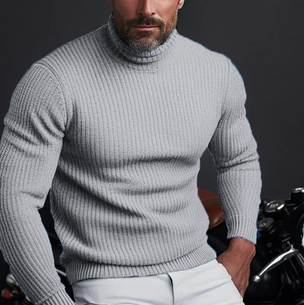 Men's Slim Fit Turtleneck Sweater in Ribbed Wool Knit, Long Sleeve Classic Style By TrendAura